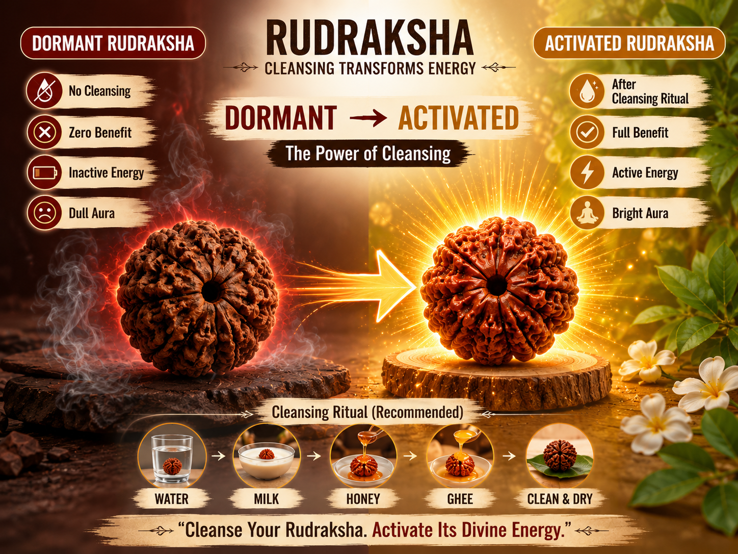 Dormant vs activated rudraksha cleansing ritual visualization